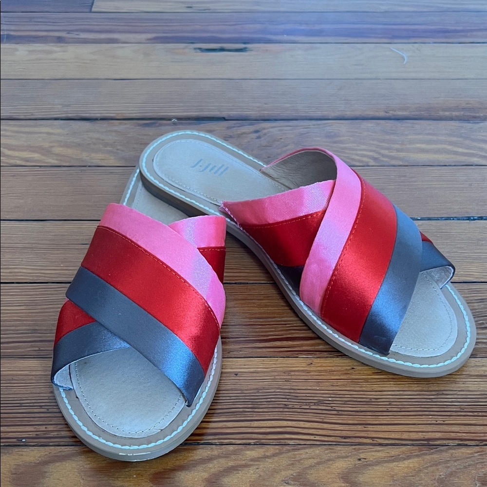 J. Jill Vibrant Multicolor Red Pink Gray Satin Strappy Slide Sandals - Size 7